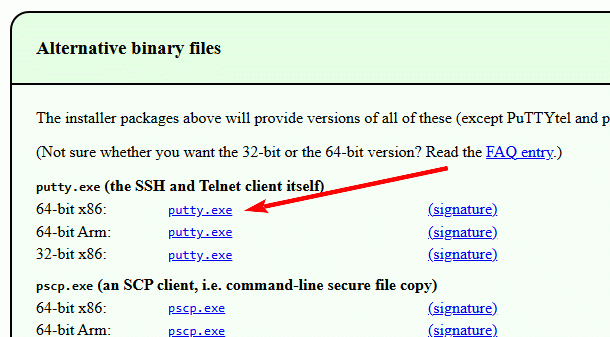 страница скачивания PuTTY